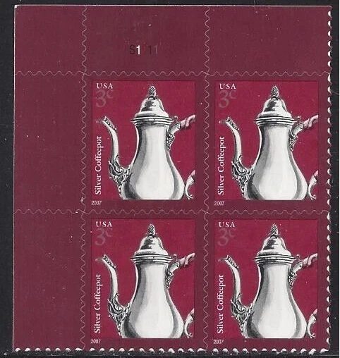 US Stamps 2007, 3 cent Silver Coffeepot, plt bk of 4 UL Scott #3754 - Image 1 of 1