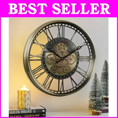 21-Inch Moving Gears Wall Clock - Elegant Brass Gold Roman Numerals Decor - Image 1 of 4