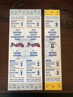 1992 NLCS Atlanta Braves PARTIAL TICKET STRIP GAMES 1&2 + PIRATES GAME 3 BONDS - Image 1 of 4
