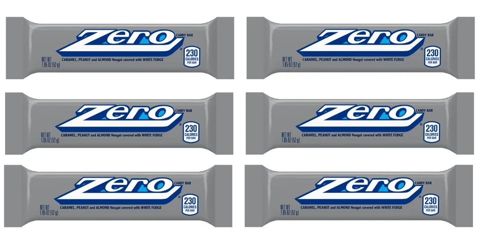 Zero Candy Bar White Fudge Caramel Peanuts Almond Nougat - 24 Bars 1.85oz 52g