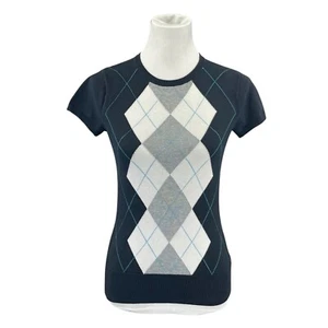 Target Merona Women’s XS Short Sleeve Argyle Sweater Black Turquoise White - Picture 1 of 16