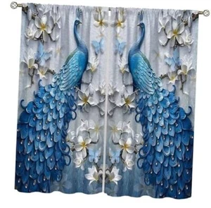 Peacock Curtains,Blue Beautiful Bird Flower 21"W x 54"L (Pack of 2) Peacock-3 - Picture 1 of 8