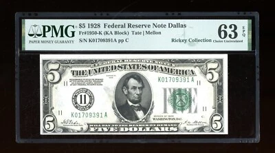 DBR 1928 $5 FRN Dallas Numeral Fr. 1950-K PMG 63 EPQ Serial K01709391A - Image 1 of 2