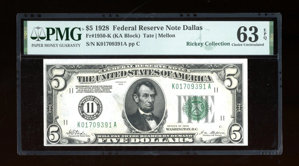 DBR 1928 $5 FRN Dallas Numeral Fr. 1950-K PMG 63 EPQ Serial K01709391A - Image 1 of 2