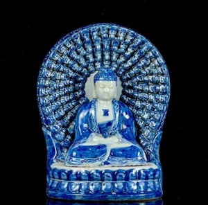 Qianlong Signed Old Chinese Blue and White Statue Buddha CK170 - Picture 1 of 9