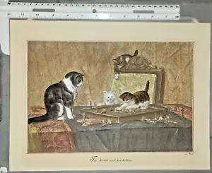 she cat and her kittens hand watercolored etching 12x15 - Picture 1 of 7