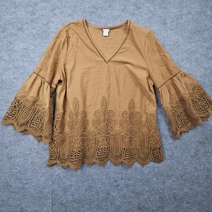 Blusa Chicos Mujer 2 EE. UU. 12/14 Marrón Bordado Ojales Boho Manga Campana Playa - Imagen 1 de 7