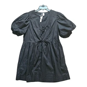 Mini Vestido Pullover Dividido H&M Negro Manga Abullonada Babydoll Corbata Frontal 100% Algodón - Imagen 1 de 6