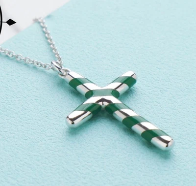 Tiffany & Co. Cruz Verde Esmalte Rayas SV 925 Collar Colgante con Caja Bolsa Y7 Foto 1 de 4