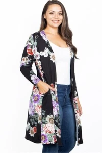 Womens Plus Size Black Floral Cardigan 1XL Open Front Long Sleeve Pockets - Picture 1 of 3