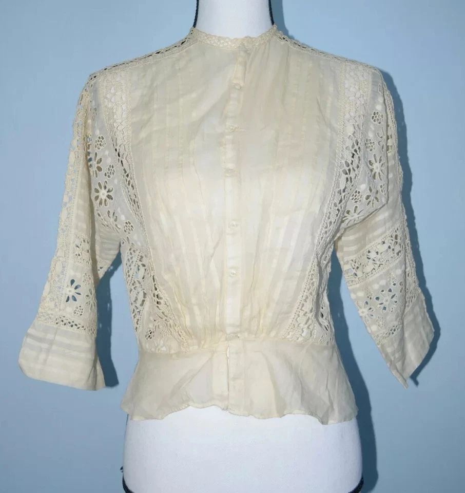 Blusa eduardiana vintage Rosenthals Fort Wayne 1915 botón delantero algodón crochet. Foto 1 de 4