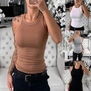 Women's Solid Round Neck Ribbed Tank Top - Picture 1 of 21