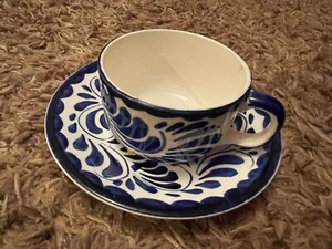 Anfora Teacup & Saucer PUEBLA BLUE Pottery Mexico cup plate - Picture 1 of 7
