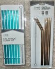 Reusable Gold Tone Metal Straws Plus Acrylic Blue Straws Brush Cleaners New