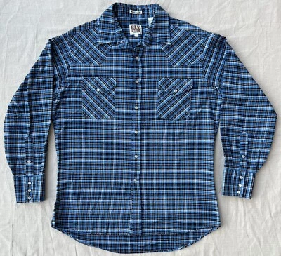 Camisa a Presión Vintage Talla L Ely Cattleman Azul Amarillo Cuadros Botón Occidental Perla Foto 1 de 4