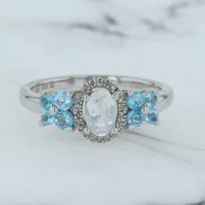 Nuevo 0.82ctw Blanco Diamante Azul Topacio Halo Flor Anillo Plata de Ley Talla 9 - Imagen 1 de 5