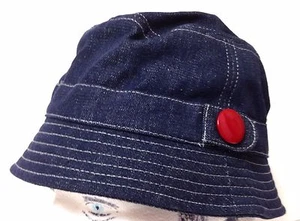 Youth Girls Size 4-6x DENIM BUCKET HAT Dark-Navy-Blue-Jean&Red Button NEW NWOT - Picture 1 of 6