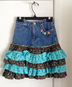 Handmade Ivy Lane Girls Sz 5 Denim & Brown/Aqua Dot Beads & Tiered Ruffle Skirt - Picture 1 of 4