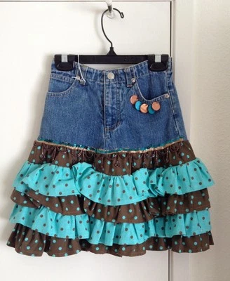Handmade Ivy Lane Girls Sz 5 Denim & Brown/Aqua Dot Beads & Tiered Ruffle Skirt - Image 1 of 4