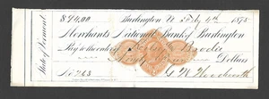 U.S. 1875 BANK CHECK, MERCHANTS NATIONAL BANK OF BURLINGTON, VT W/ REVENUE RN-D1 - Picture 1 of 2