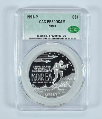 1991-P Korea Commemorative Silver Dollar PR69 DCAM CAC CACg *9507 - Image 1 of 4