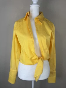 Krazy Larry Shirt S Yellow Tie Front Long Sleeve Top USA Vintage Boho Hippie - Picture 1 of 12