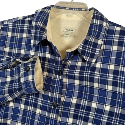 LL Bean Mens Blue Plaid Fleece Lined Flannel Shacket Size Large - Image 1 of 4