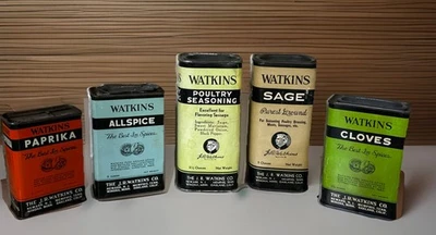 Collection of 5 Vintage Watkins Kitchen Spice Tins. Full - Image 1 of 4