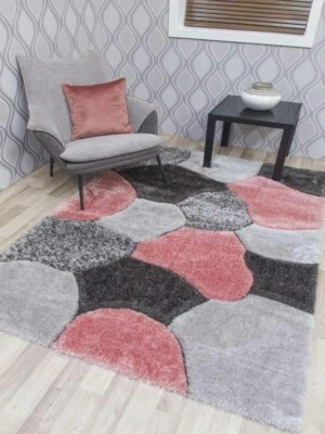 Pink Living Room Rugs Silky Carpets Modern Bedroom Rug Heavy Shaggy Pile Mats - Image 1 of 2