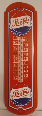 Placa termômetro propaganda tampa garrafa refrigerante Pepsi Cola década de 1980 tampa vermelha placa de refrigerante - Imagem 1 de 4