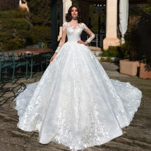 White Ball Wedding Dresses Long Sleeve Crystal Lace Appliques Scoop Neck Gowns - Picture 1 of 12