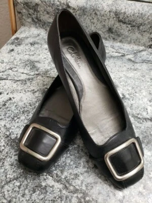 Cole Haan Size 7.5 Black Leather Ballet Flats Silvertone Ring Accent Classic - Image 1 of 4