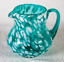 Hand blown Creamer Pitcher turquoise with white marble swirls 4.5"