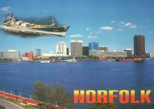 Skyline von Norfolk Virginia Chesapeake Bay & USS Wisconsin Schiffsmuseum, Postkarte - Bild 1 von 2