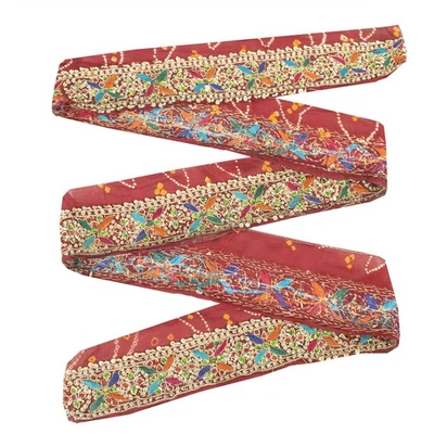 Sanskriti Vintage Sari Border Hand Beaded Rhinestone Red 1 Yd Trim 3.2W Lace - Image 1 of 4