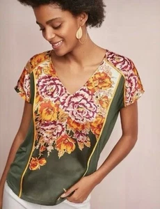 Tiny Anthropologie Green Knit Floral Satin Cap Slv Cinch Back Crop Top Size S - Picture 1 of 19