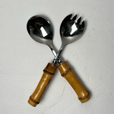 Colheres de servir salada SEKI Hamono KK cabo de bambu natural aço inoxidável 18-8 Japão - Imagem 1 de 4