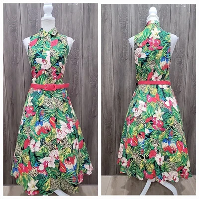 Vestido De Colección Años 80 Carol Anderson Tropical Parot Floral Sin Mangas Hawaiano Línea A  Foto 1 de 4