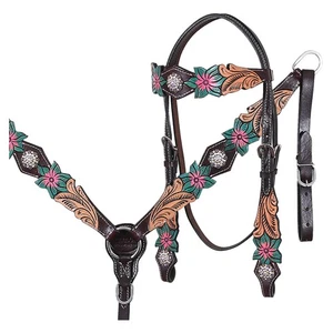 HILASON Western Pferd Kopfstück Brusthalsband Set American Leather Floral | - Bild 1 von 8
