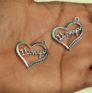 Ciondolo in lega cuore con ti amo argento antico strass impostazioni 30x22x2mm - Foto 1 di 7