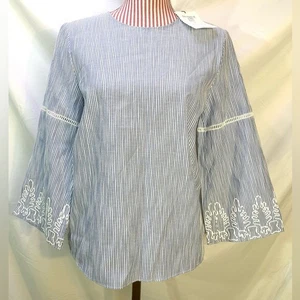 Blue White Stripe Top Embroidered Bell Sleeves Preppy Nautical Chic NWT Sz Small - Picture 1 of 9
