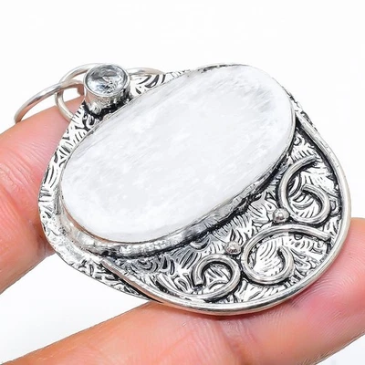 Selenite, pietra preziosa topazio bianco 925 ciondolo gioiello in argento ste... - Immagine 1 di 4