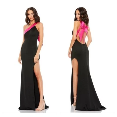 Новый MAC DUGGAL 49444 платье одно плечо BowMaxi платье в черный и Fuschia 0 - Изображение 1 из 4