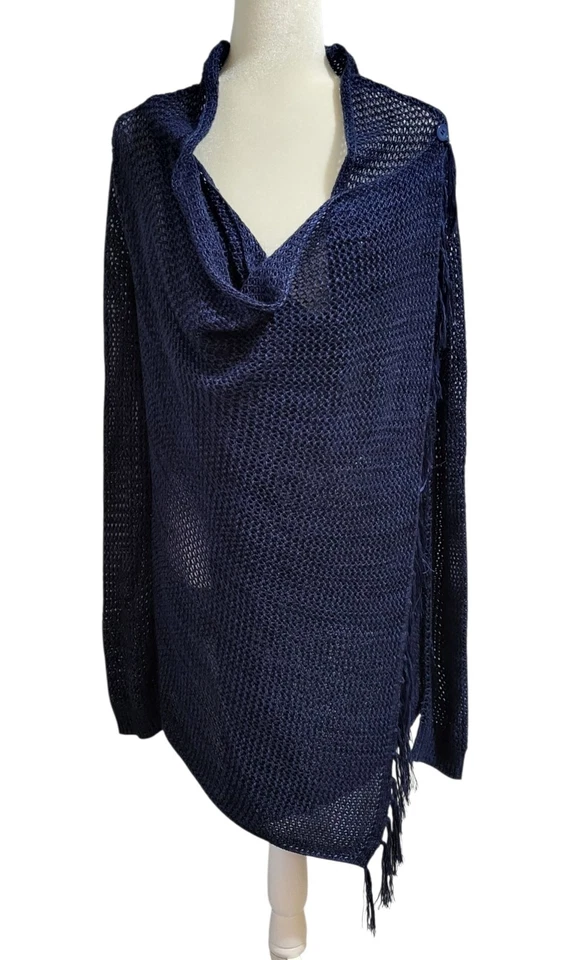 One World Poncho Capa Suéter Cárdigan M Azul Marino Flecos Tejido Abierto Boho Hippie Foto 1 de 4
