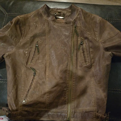 Chaqueta de Moto Jou Jou Marrón Imitación Cuero Acolchada Detalles Cremallera Frontal M Foto 1 de 4