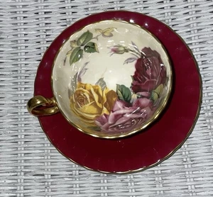 Aynsley Teacup Saucer Cabbage Rose 24 kt Signed In Gold! Burgundy Vintage - Picture 1 of 7