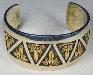 HOPI WATSON HONANIE STERLING 14K GOLD Cut Out Overlay HANDMADE CUFF BRACELET - Picture 1 of 7