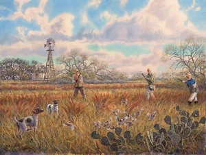 "Auf dem Vormarsch" Kräuterstand Giclée-Druck Vogel Hunde Wachteln Jagd Südtexas Windmühle - Bild 1 von 1