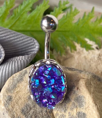 Rough Cut Druzy Stone Iridescent Navel Ring Naval Belly Button Body Jewelry - Image 1 of 2