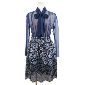 CHANEL Ribbon Sheer See-through Floral Dress Women 36 Navy Blue Camellia Rayon - Picture 1 of 14
